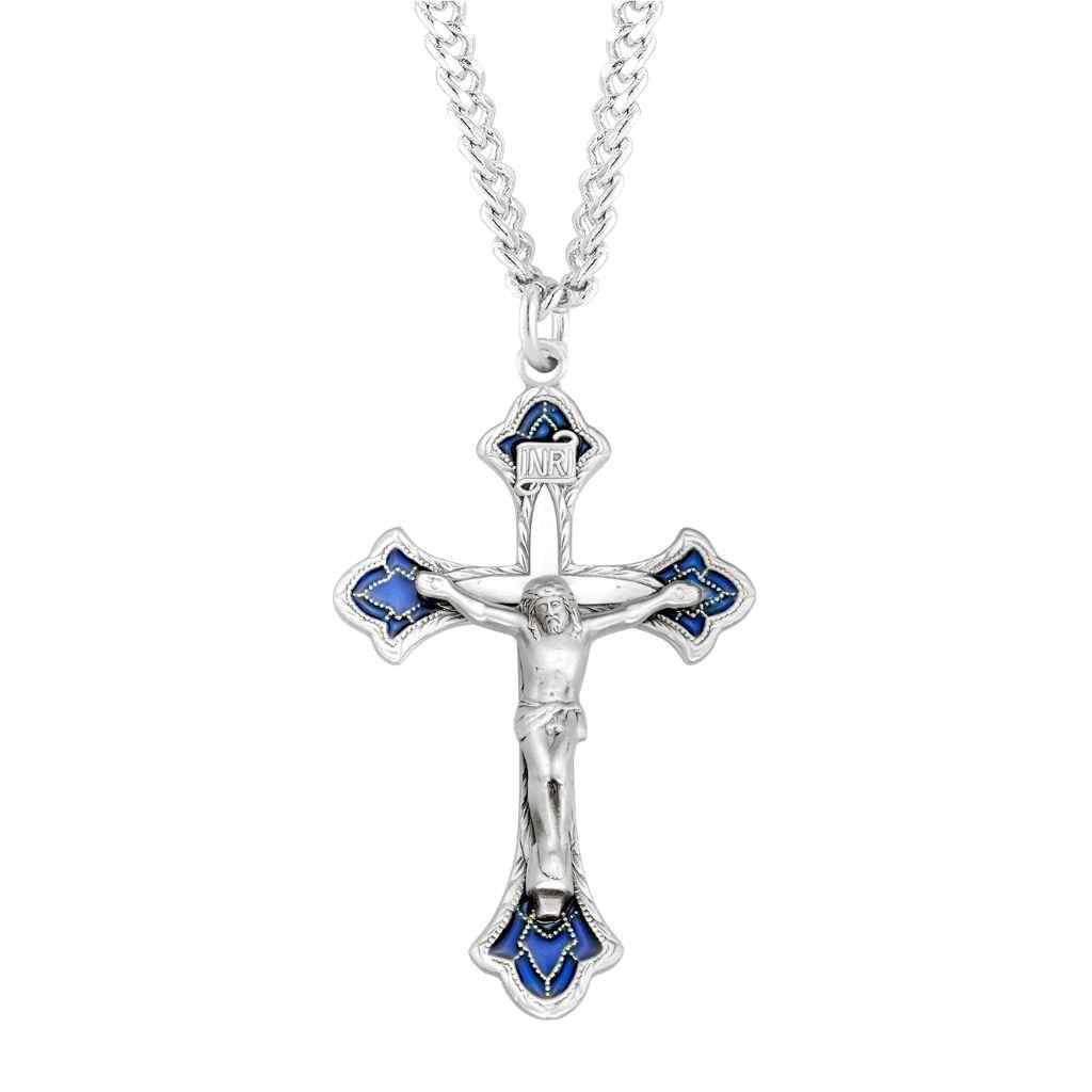 Blue Epoxy Flared Detailed Sterling Silver Crucifix with Endless 24" Stainless Steel Chain