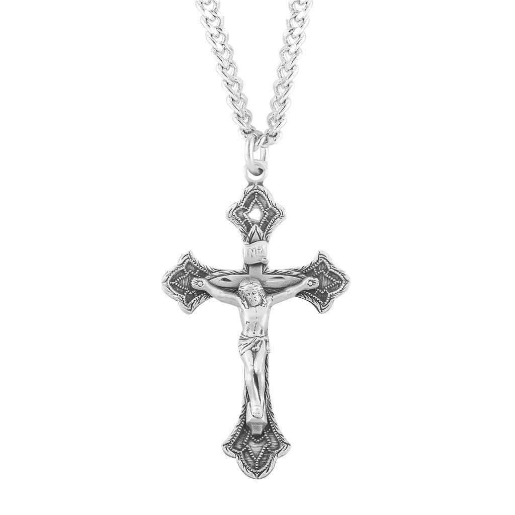 Flared Detailed Sterling Silver Crucifix with Endless 24" Stainless Steel Chain