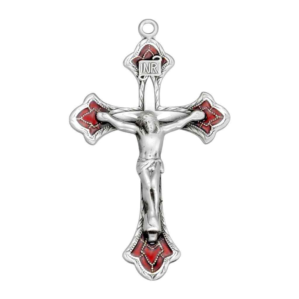 Ruby Red Epoxy Flared Detailed Sterling Silver Crucifix by HMH Religious