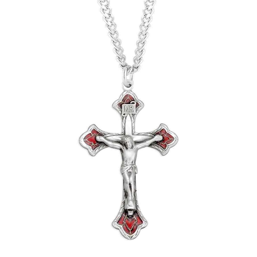 Ruby Red Epoxy Flared Detailed Sterling Silver Crucifix with Endless 24" Stainless Steel Chain by HMH Religious