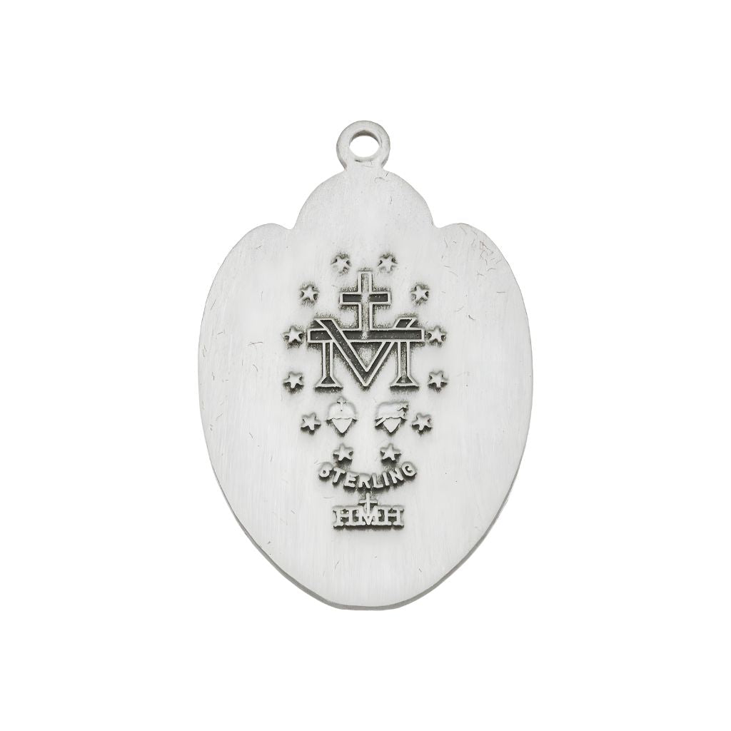Back of HMH Religious Army Miraculous Medal Necklace in Sterling Silver with Red, White, and Blue Enamel,
