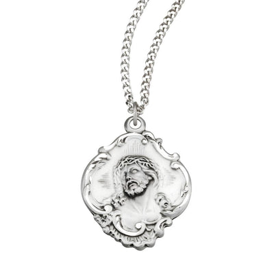 Christ Crown of Thorns Baroque Style Sterling Silver Medal Necklace with Chain, HMH Religious
