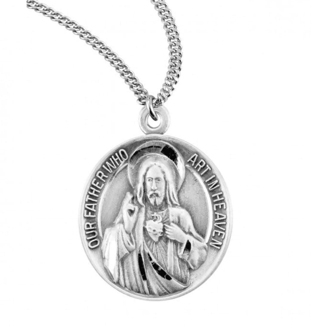 HMH Our Father/Hail Mary Round Sterling Silver Medal w/Chain