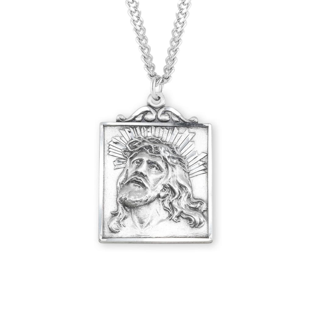 HMH Religious Christ Crown of Thorns Square Sterling Silver Medal Necklace with Chain,