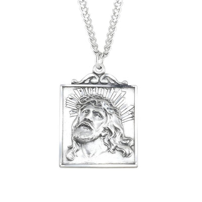 Christ Crown of Thorns Square Sterling Silver Medal Necklace with Chain, HMH Religious