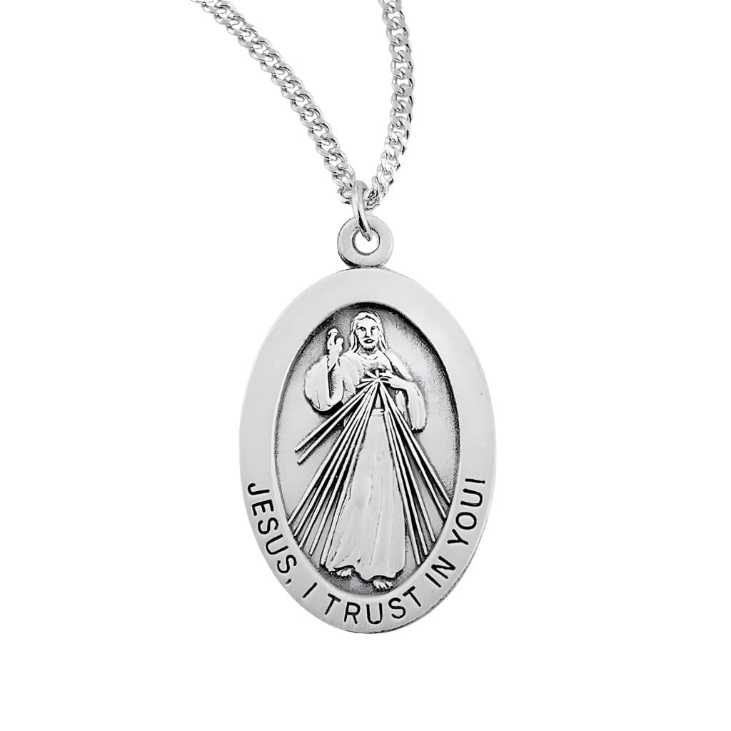 HMH Religious Divine Mercy Sterling Silver Medal Necklace saying Jesus I Trust in You. Made in USA with chain.
