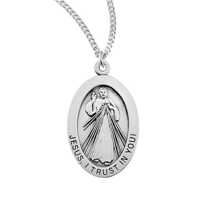 Divine Mercy Sterling Silver Medal Necklace saying Jesus I Trust in You. Made in USA with chain, HMH Religious
