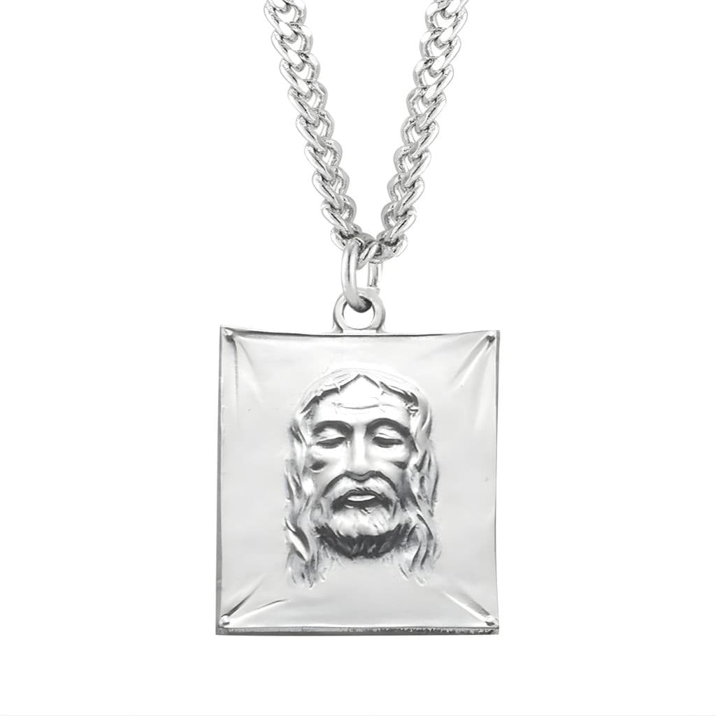 Shroud of Turin Sterling Silver Medal Necklace. Made in USA by HMH Religious. Comes with a 24-inch chain.