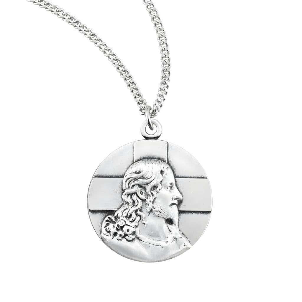 HMH Religious Profile of Jesus with a Cross Sterling Silver Medal Necklace. Made in USA with chain.