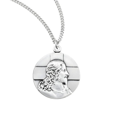 Profile of Jesus with a Cross Sterling Silver Medal Necklace. Made in USA with chain, HMH Religious