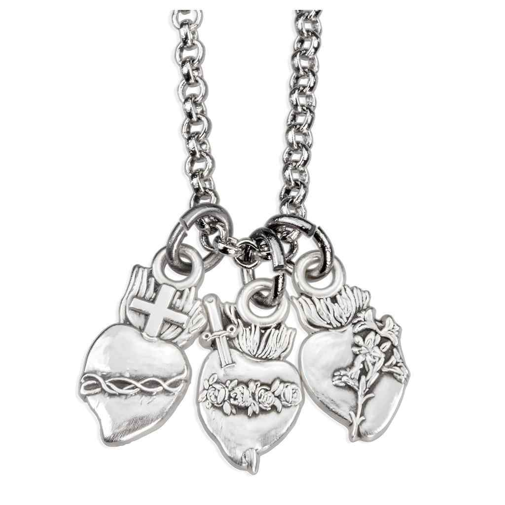 Scared Heart of Jesus, the Immaculate Heart of Mary, and the Chaste Heart of Joseph sterling silver pendant with 18" rhodium-plated rolo chain (view 1)