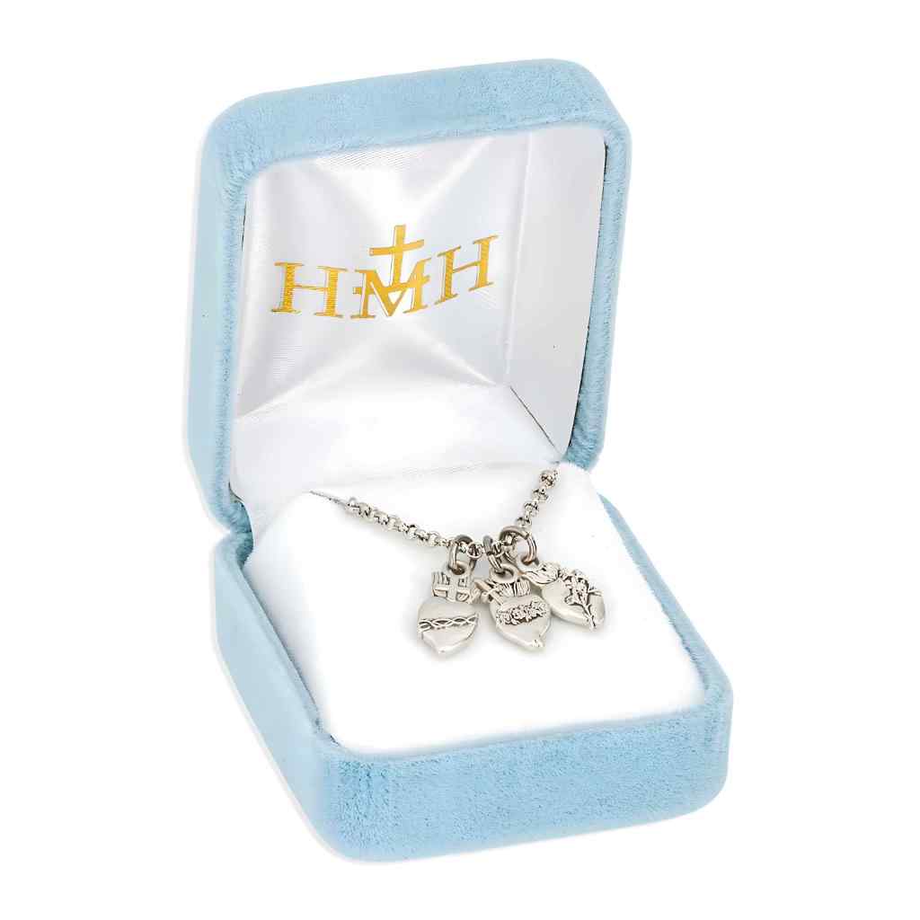 Scared Heart of Jesus, the Immaculate Heart of Mary, and the Chaste Heart of Joseph sterling silver pendant with 18" rhodium-plated rolo chain in gift box (view 2)
