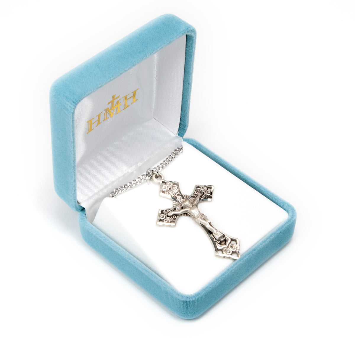 HMH Swirl Detailed Sterling Silver Crucifix Necklace in Box