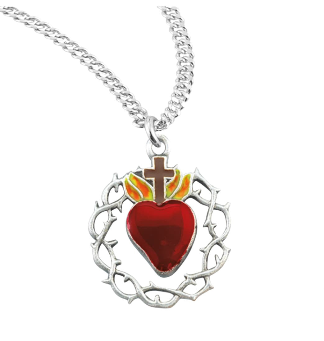 HMH Religious Crown of Thorns Red Sacred Heart Sterling Silver Necklace with Chain,