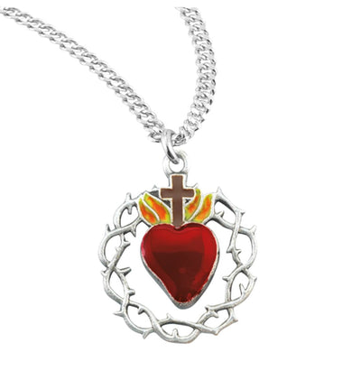 Crown of Thorns Red Sacred Heart Sterling Silver Necklace with Chain, HMH Religious