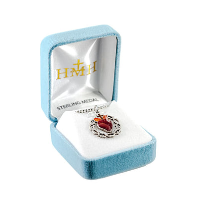 Crown of Thorns Red Sacred Heart Sterling Silver Necklace in Box, HMH Religious