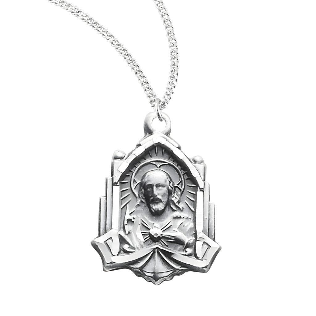 HMH Religious Cathedral Scapular, Sacred Heart & Our Lady of Mount Carmel Sterling Silver Medal Necklace. Made in USA with chain.