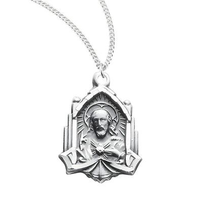 Cathedral Scapular, Sacred Heart & Our Lady of Mount Carmel Sterling Silver Medal Necklace. Made in USA with chain, HMH Religious