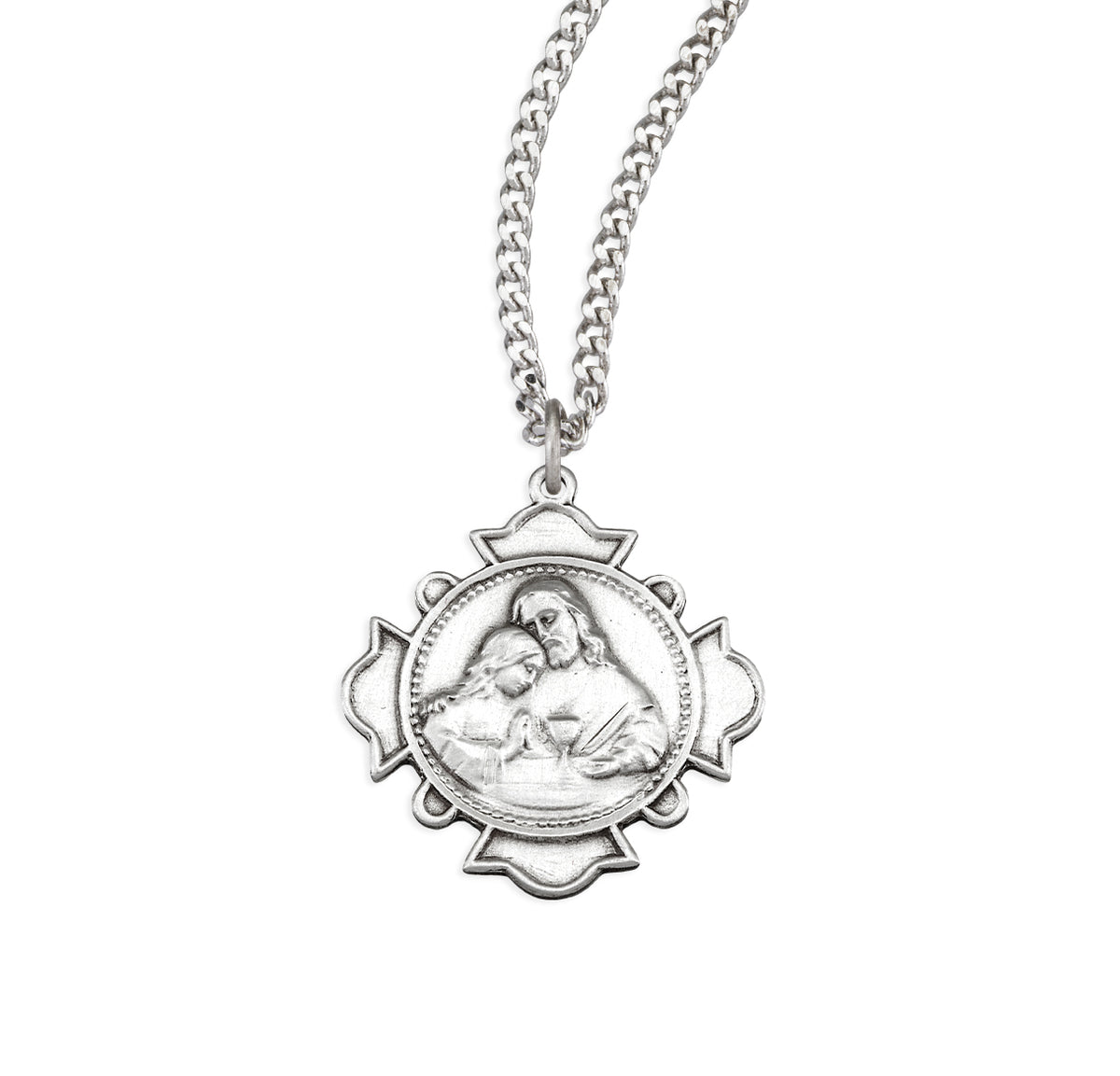 HMH Religious Blessed Sacrament Cross Sterling Silver Medal Necklace with Christ and St. John. Made in USA with chain.