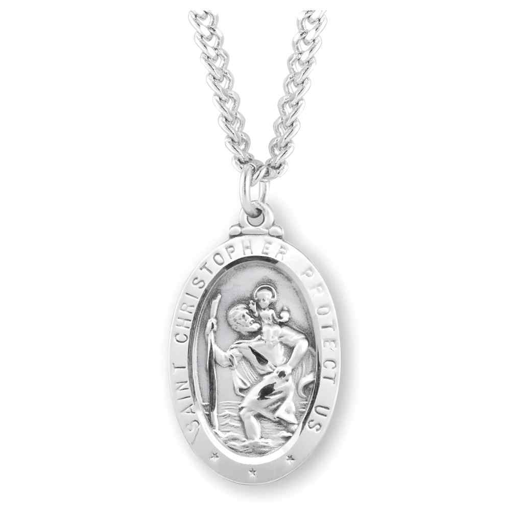 HMH Religious Saint Christopher .925 sterling silver oval medal necklace with 24" chain