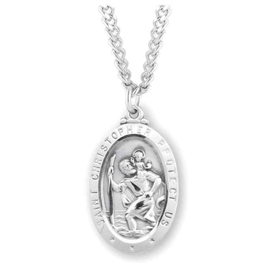 HMH Religious Saint Christopher .925 sterling silver oval medal necklace with 24" chain