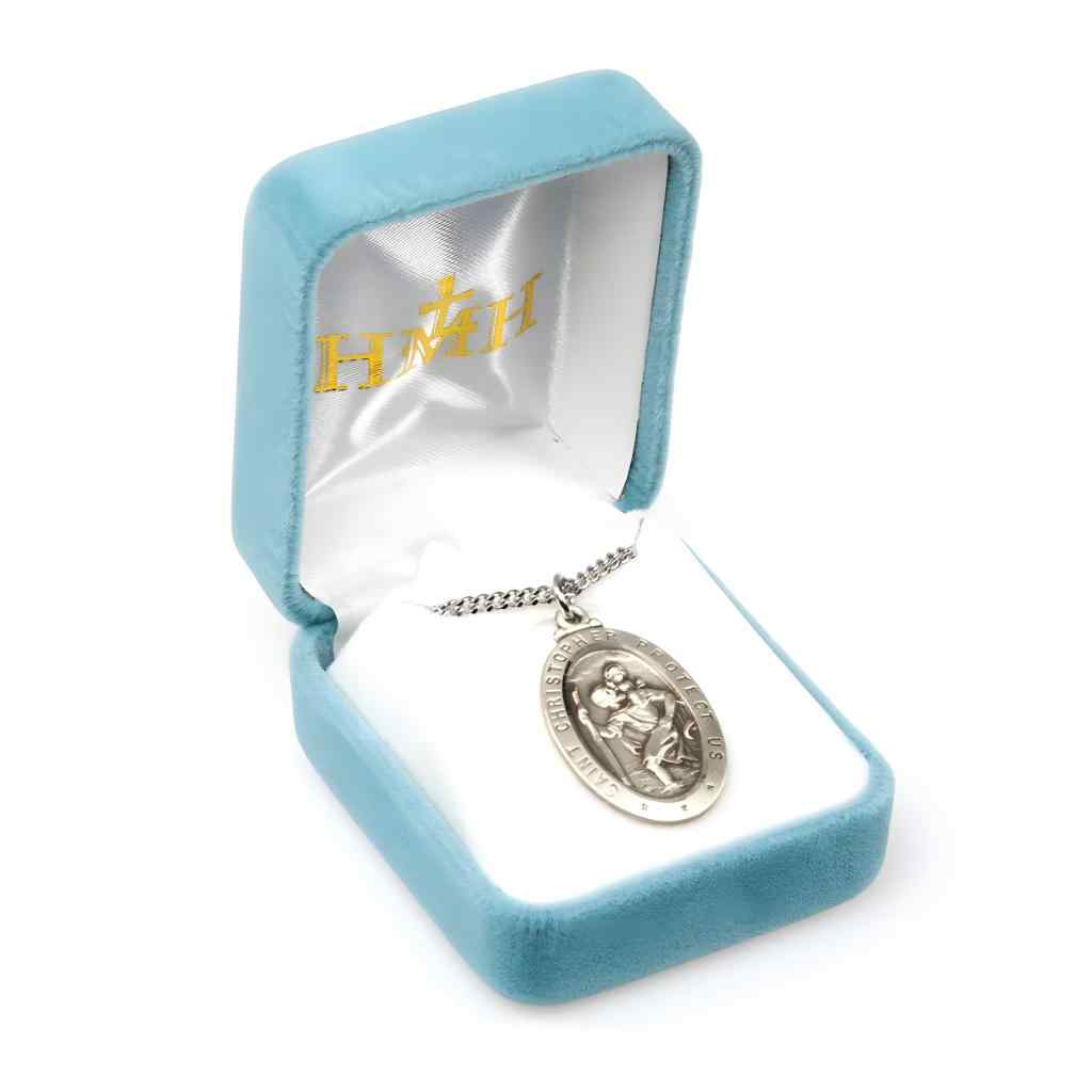 HMH Religious Saint Christopher .925 sterling silver oval medal necklace in gift box
