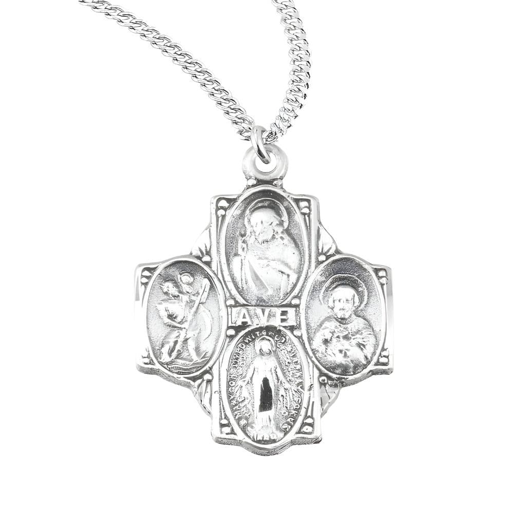 HMH Religious sterling silver Ave four-way cross medal with 20-inch stainless steel chain necklace, Measures 0.9" x 0.7" comes in gift box.