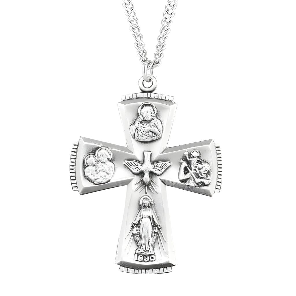 HMH Religious Gothic style cross with fancy edging four-way cross sterling silver medal with 24" stainless steel chain necklace, Measures  1.5" x 1.1".