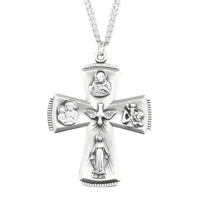 Gothic style cross with fancy edging four-way cross sterling silver medal with 24" stainless steel chain necklace, Measures 1.5" x 1.1", HMH Religious