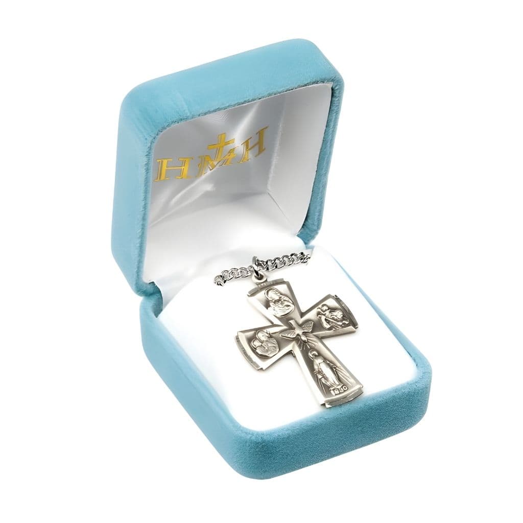 HMH Religious Gothic style cross with fancy edging four-way cross sterling silver medal with stainless steel chain necklace, Measures  1.5" x 1.1" in gift box.