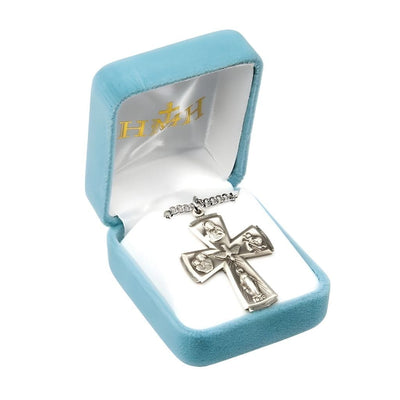 Gothic style cross with fancy edging four-way cross sterling silver medal with stainless steel chain necklace, Measures 1.5" x 1.1" in gift box, HMH Religious