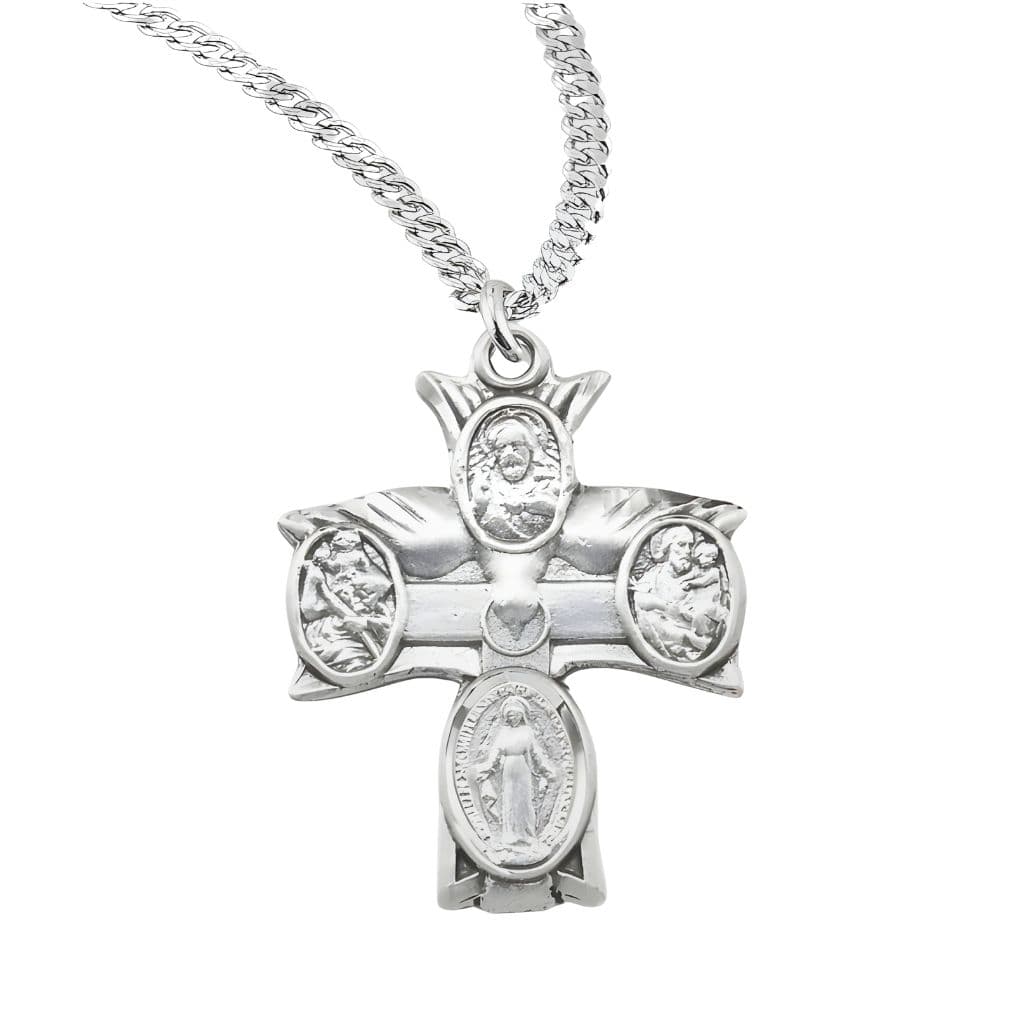HMH Religious Holy Spirit four-way cross sterling silver medal with 20" stainless steel chain necklace, Measures 0.9" x 0.7".