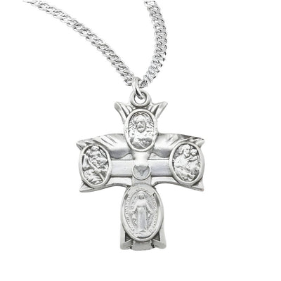Holy Spirit four-way cross sterling silver medal with 20" stainless steel chain necklace, Measures 0.9" x 0.7", HMH Religious