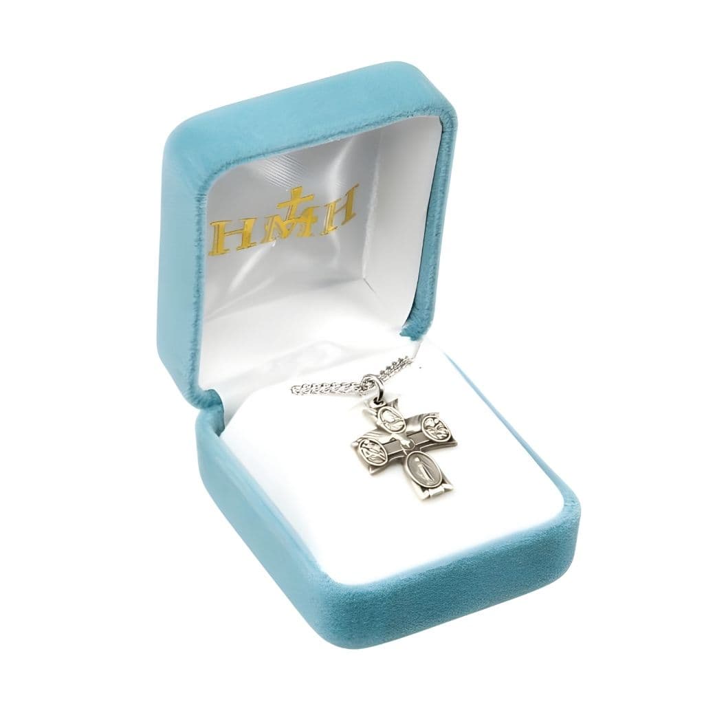 HMH Religious Holy Spirit four-way cross sterling silver medal with stainless steel chain necklace, Measures 0.9" x 0.7" in gift box.