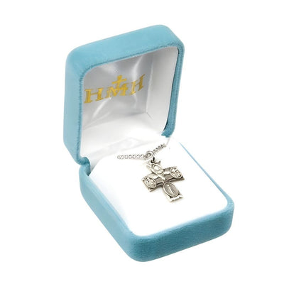 Holy Spirit four-way cross sterling silver medal with stainless steel chain necklace, Measures 0.9" x 0.7" in gift box, HMH Religious