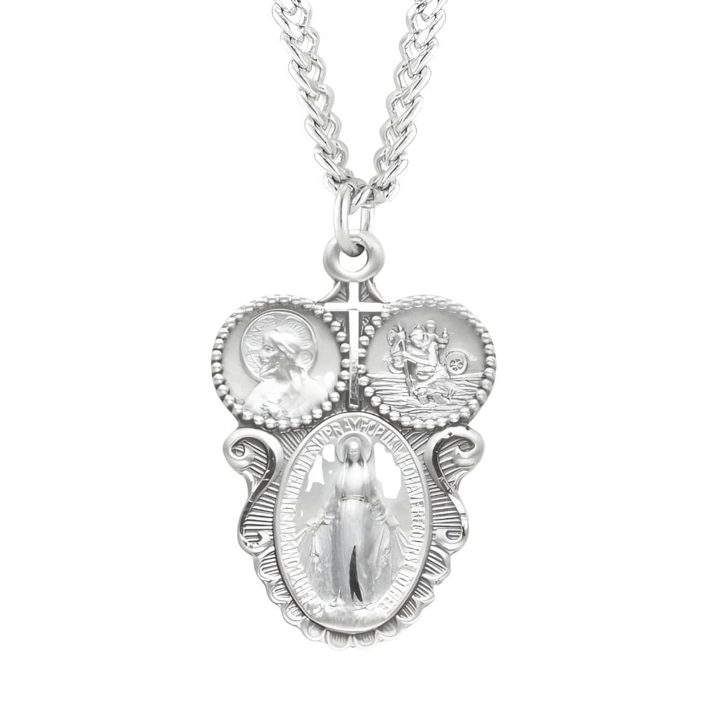 HMH Religious Miraculous 3-Way Cross Sterling Silver Medal Necklace with 24" stainless steel chain necklace, Measures 1.2" x 0.7"