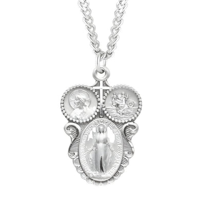 Miraculous 3-Way Cross Sterling Silver Medal Necklace with 24" stainless steel chain necklace, Measures 1.2" x 0.7", HMH Religious