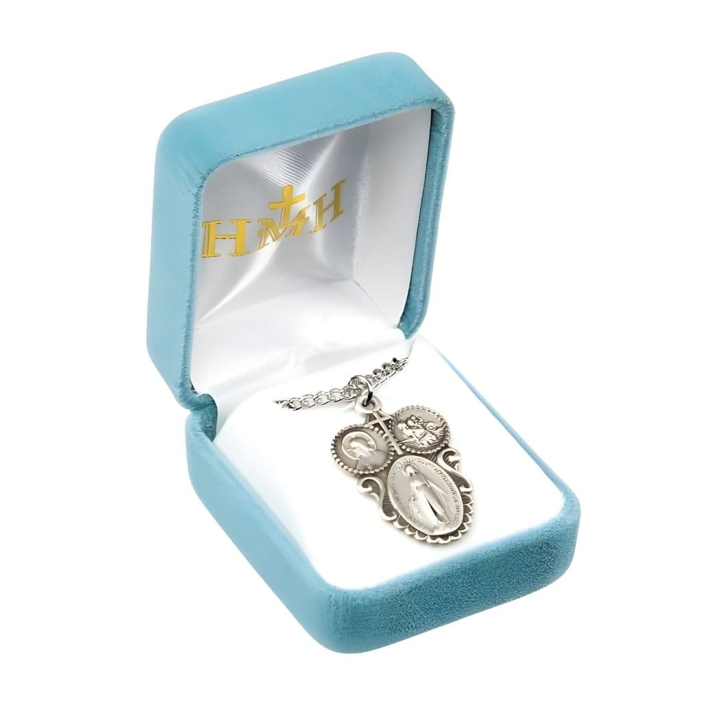 HMH Religious Miraculous 3-Way Cross Sterling Silver Medal Necklace with 24" stainless steel chain necklace, Measures 1.2" x 0.7" in Gift Box.