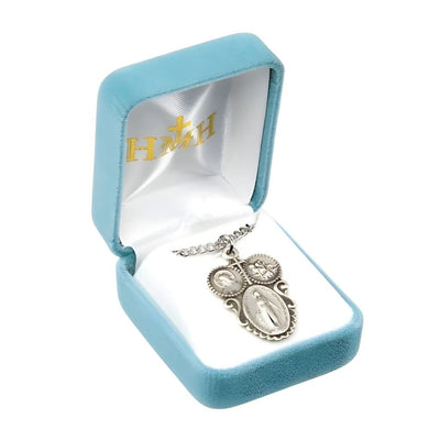 Miraculous 3-Way Cross Sterling Silver Medal Necklace with 24" stainless steel chain necklace, Measures 1.2" x 0.7" in Gift Box, HMH Religious