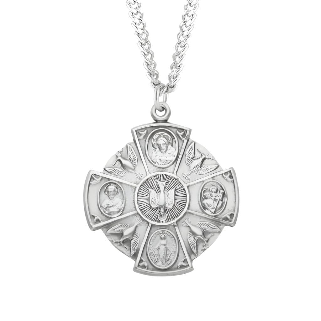 HMH Large Holy Spirit Sterling Silver 4-Way Cross Medal Necklace with 24" stainless steel chain necklace, Measures 1.2" x 1.1".
