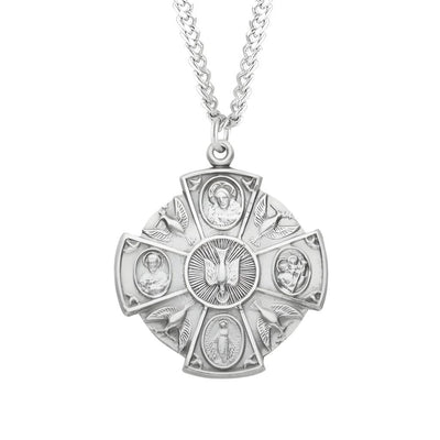 Large Holy Spirit Sterling Silver 4-Way Cross Medal Necklace with 24" stainless steel chain necklace, Measures 1.2" x 1.1", HMH Religious