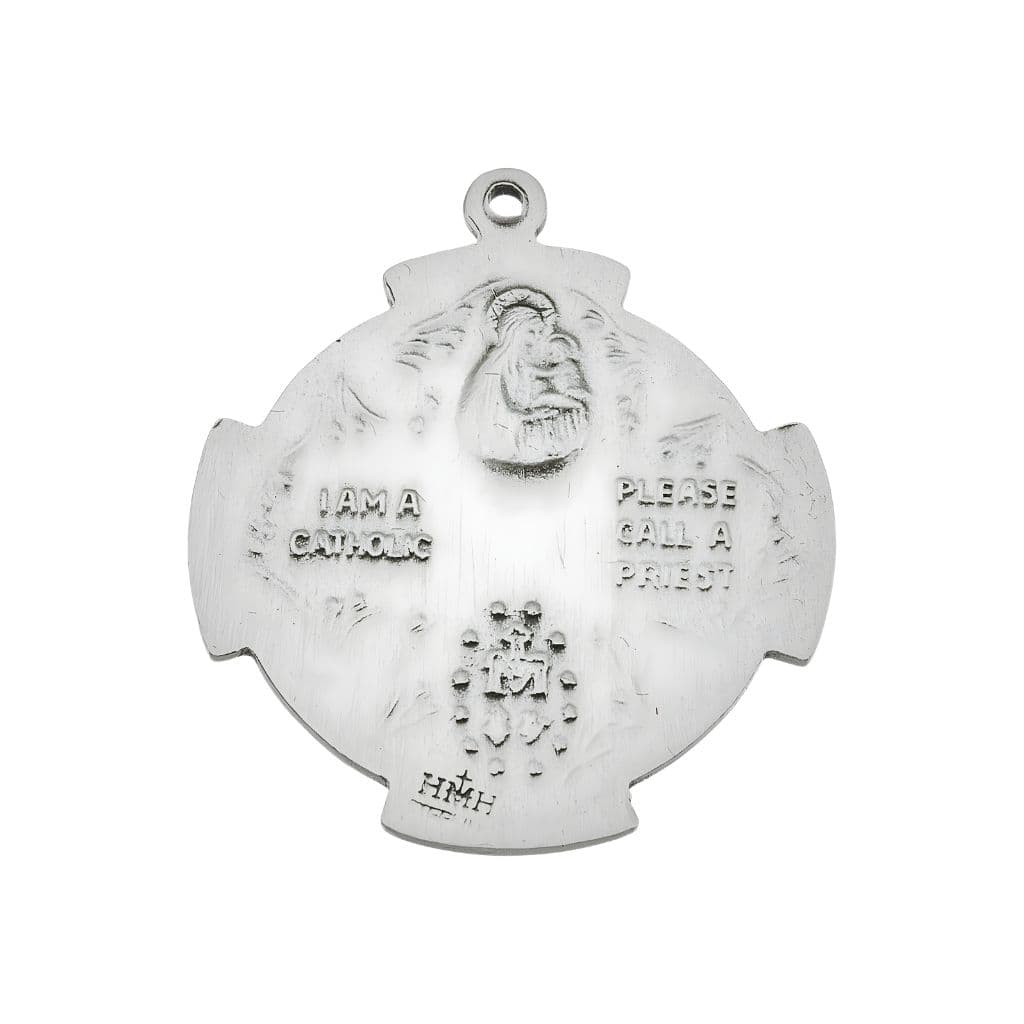 The back of HMH Large Holy Spirit Sterling Silver 4-Way Cross Medal Necklace with 24" stainless steel chain necklace, Measures 1.2" x 1.1".