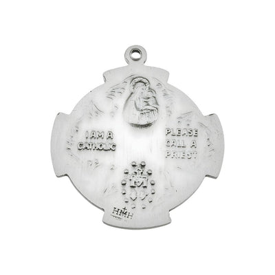 The back of Large Holy Spirit Sterling Silver 4-Way Cross Medal Necklace with 24" stainless steel chain necklace, Measures 1.2" x 1.1", HMH Religious