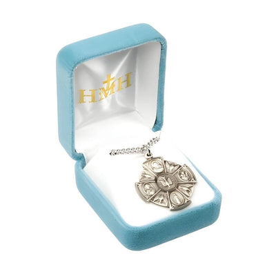 In Gift Box the Large Holy Spirit Sterling Silver 4-Way Cross Medal Necklace with 24" stainless steel chain necklace, Measures 1.2" x 1.1", HMH Religious