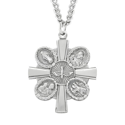4-Way Sterling Silver Miraculous Medal, Jesus Scapular, St. Christopher, and St. Joseph with Stainless Silver Chain, Dimensions: 1.3" x 1.1" (32mm x 27mm), HMH Religious