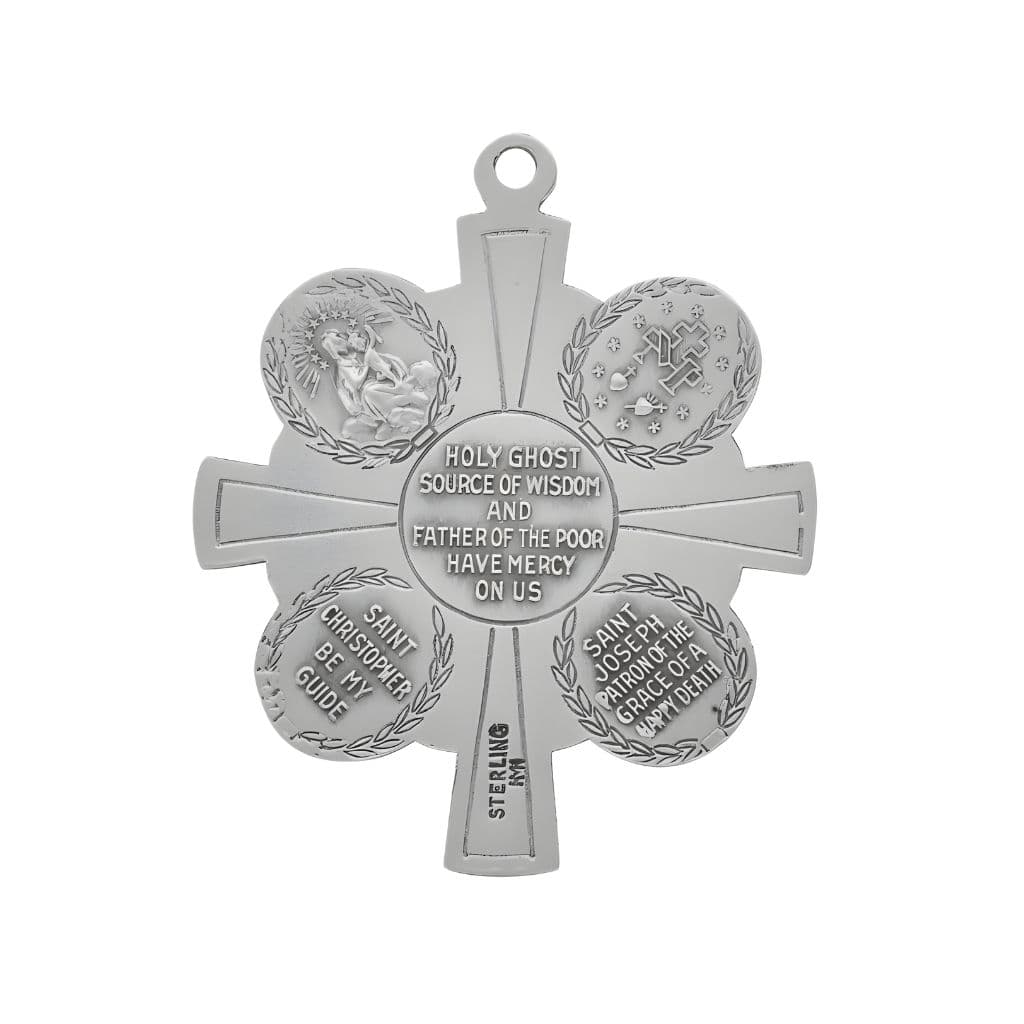 Back of HMH Religious 4-Way Sterling Silver Miraculous Medal, Jesus Scapular, St. Christopher, and St. Joseph with Stainless Silver Chain, Dimensions: 1.3" x 1.1" (32mm x 27mm).