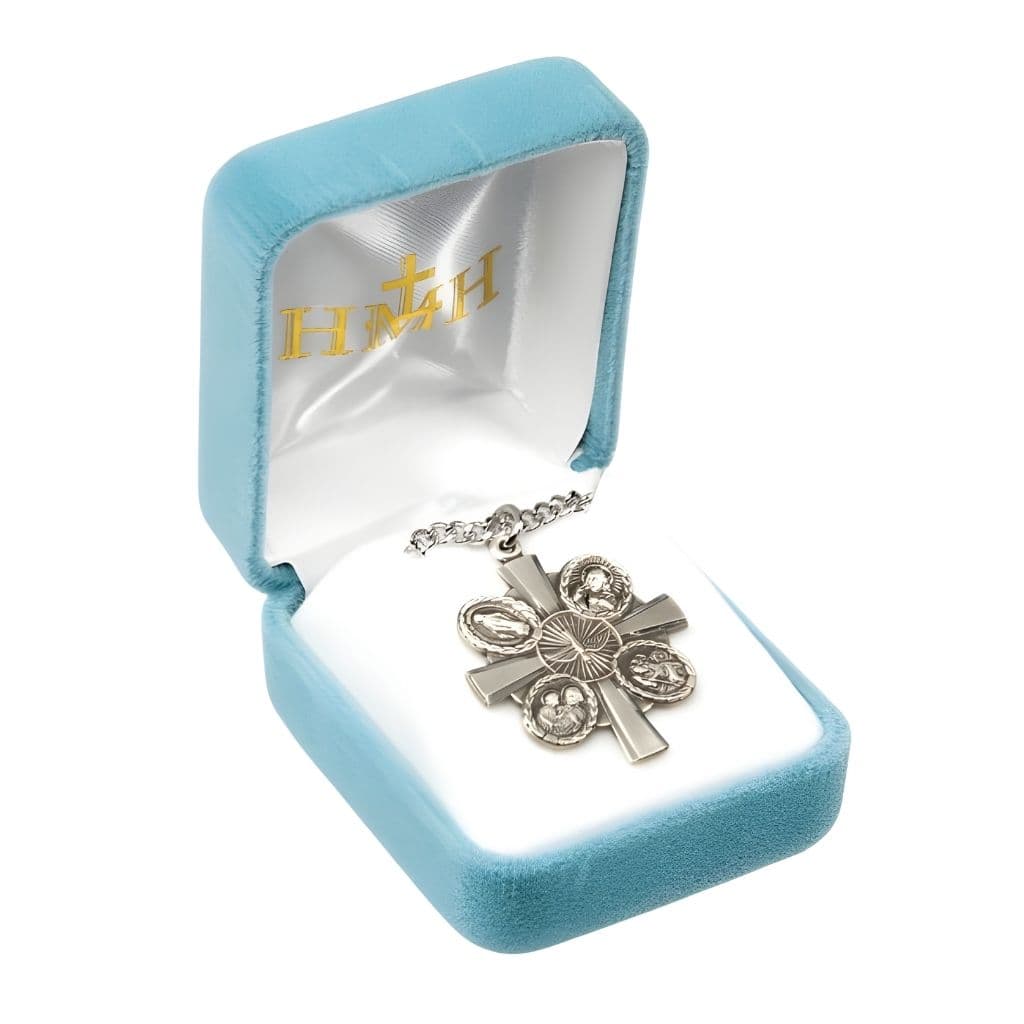 HMH Religious 4-Way Sterling Silver Miraculous Medal, Jesus Scapular, St. Christopher, and St. Joseph in Gift Box.