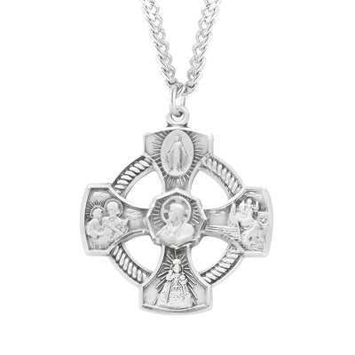 Pierced 4-Way Cross with Halo and Sacred Heart of Jesus in Center Sterling Silver Medal Necklace with 24" stainless steel chain necklace, Measures 1.1" x 1.1", HMH Religious