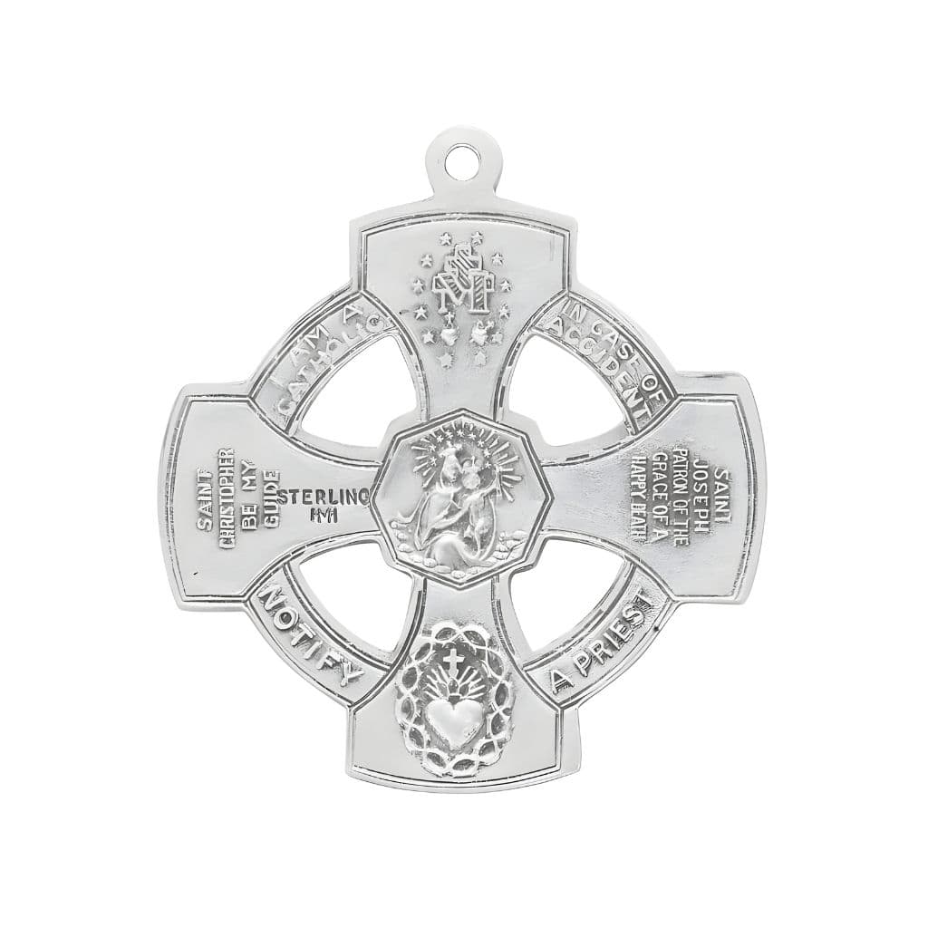 Back of the HMH Pierced 4-Way Cross with Halo and Sacred Heart of Jesus in Center Sterling Silver Medal Necklace with 24" stainless steel chain necklace, Measures 1.1" x 1.1"