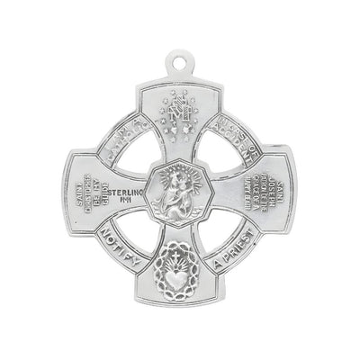 Back of the Pierced 4-Way Cross with Halo and Sacred Heart of Jesus in Center Sterling Silver Medal Necklace with 24" stainless steel chain necklace, Measures 1.1" x 1.1", HMH Religious
